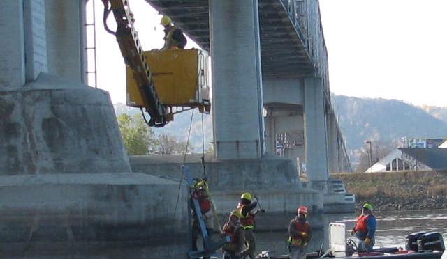 bridge workers installing sonar equipment