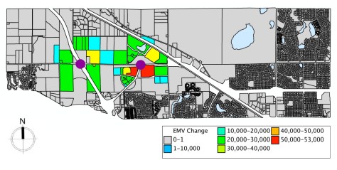 This map projects the anticipated increase in estimated market value (EMV Change) of parcels near Highway 610 that will result from completion of the highway and construction of exits at the two locations marked in purple. The impacted parcels are currently vacant, farmland or residential.