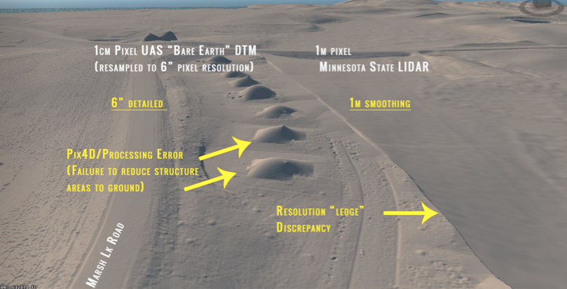 This lidar image of terrain shows topographical variations, comparing the 6-inch high-resolution, detailed terrain variation on the left with the smooth, 1-meter low-resolution image on the right. Yellow text and arrows point out features.