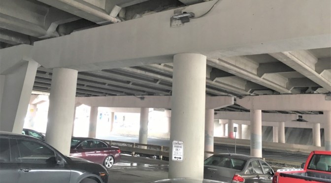 A series of support columns under a concrete structure.