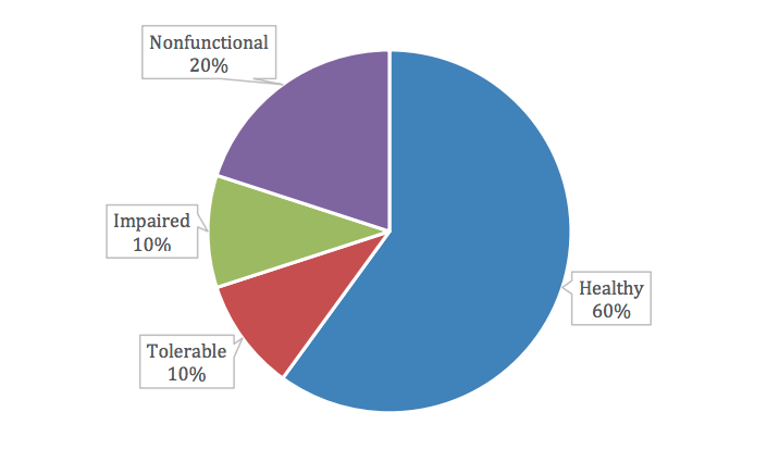 A pie chart shows four levels of functionality for loop detectors: healthy, 60%; tolerable, 10%; impaired, 10%; and nonfunctional, 20%.