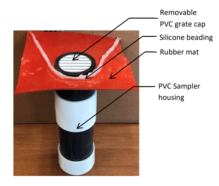 This photo diagram shows the black and white PVC tube that holds the runoff sample bottle below ground level. The red rubber mat at the top has a bead of silicon to funnel roadway runoff to the grated cap of the sampler tube and the bottle within.