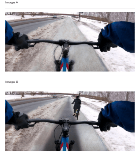 Paired photographs show bike lanes in winter along a roadway from the point of view of the gloved cyclist, looking forward over the handlebars. The upper image shows a bike lane with some snow and no other riders. The lower image shows a lane with a bare pavement path and another cyclist ahead.