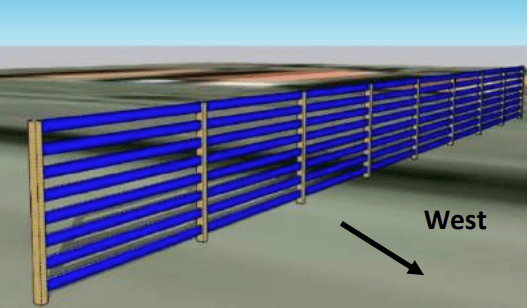 A prototype of the PV noise barrier: Three standard 4-by-8-foot solar panels are installed vertically in a framework.