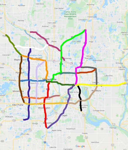 A map of the Twin Cities freeway system showing 23 different highway corridors in different colors.