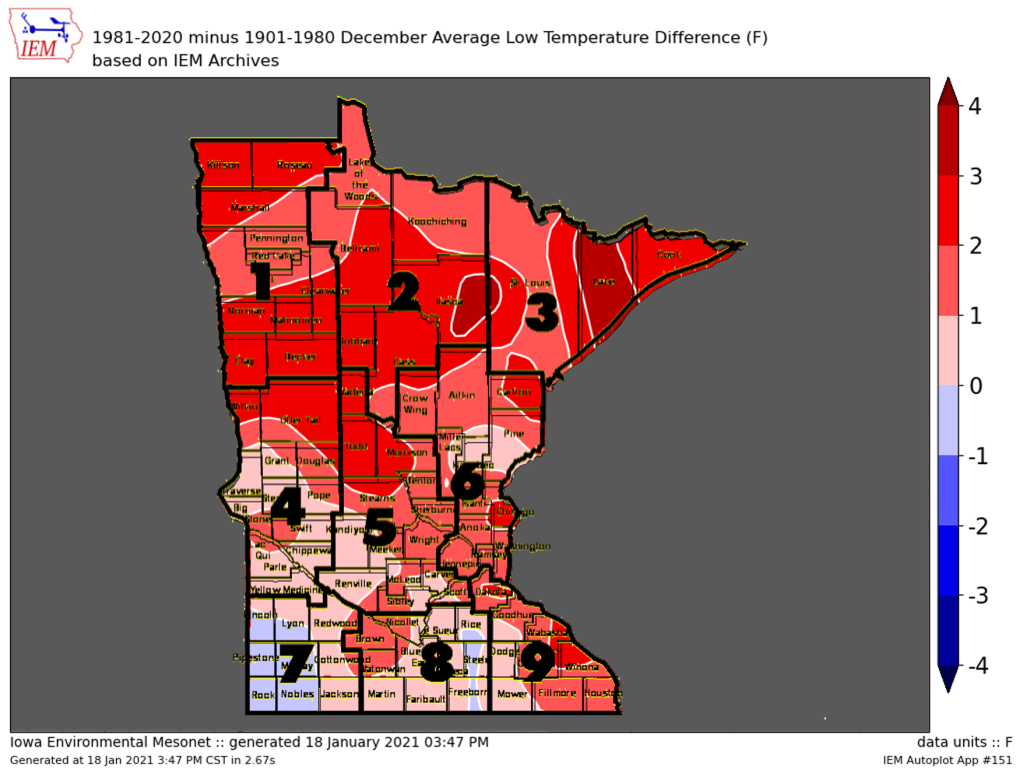 Map of Minnesota showing nine zones of temperature increases in the past 40 years.