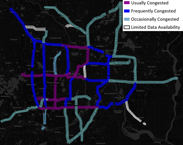 Graphic showing regional freeway segments in different colors representing congestion frequency.