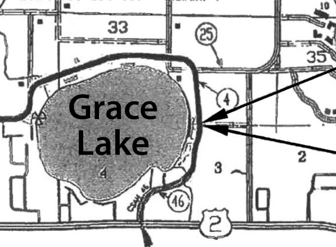 A map of Grace Lake and surrounding roads, identifying the project road and the demarcation between Beltrami and Hubbard counties.