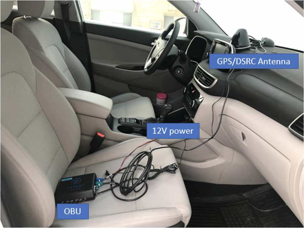 The inside of a vehicle with an on-board unit (OBU) on the passenger seat and a GPS/DSRC antenna on the dashboard. The equipment is connected to a 12-volt power source.