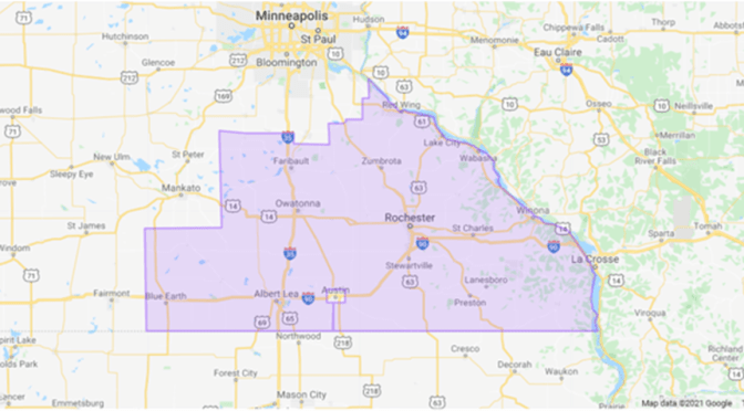 A map of the rural area south of Minneapolis showing the Lyft service area, with Wabasha on the northeastern edge of the service area.