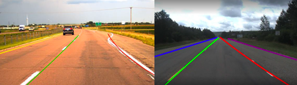 Two examples of good and bad lane striping. Left: An unstriped diverge area misdirects the system. Right: Dotted lines direct the system correctly. 