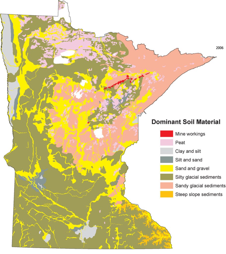 A multicolored map of Minnesota showing eight dominant soil materials in the state: mine workings, peat, clay and silt, silt and sand, sand and gravel, silty glacial sediments, sandy glacial sediments and steep slope sediments.