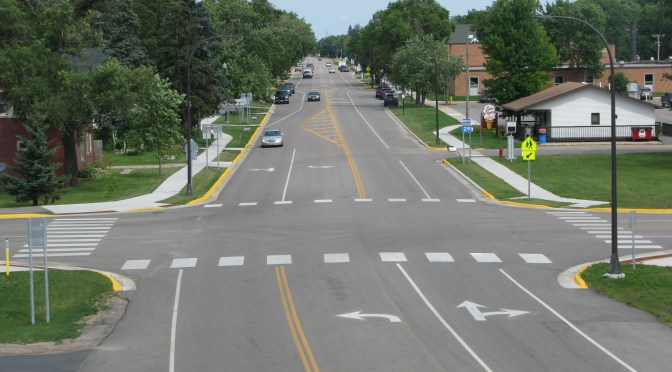 An intersection along Hwy 29/Otter Avenue through Parkers Prairie