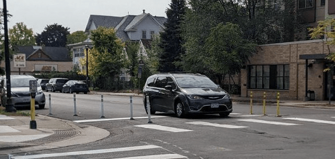 Example of intersection with temporary curb extension and hardened centerline