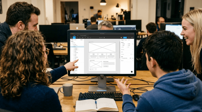 Researchers looking at computer screen