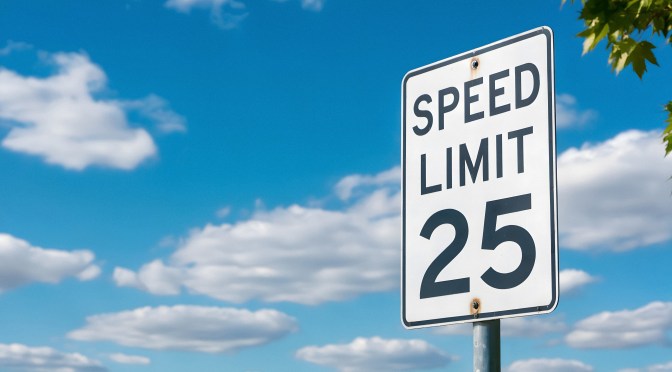 A 25 miles per hour sign stands against a blue sky with pretty white clouds at midday