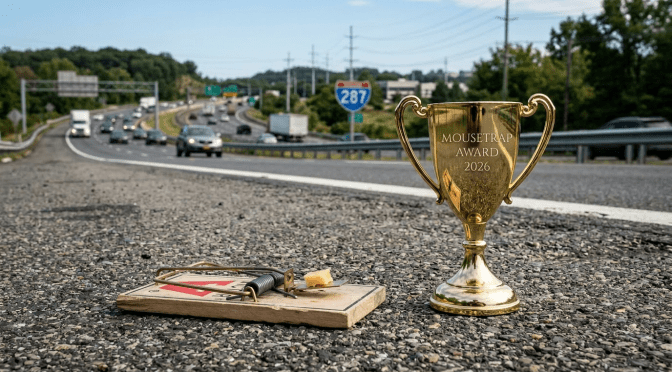 Trophy labeled Highway Champion next to a mousetrap on highway pavement