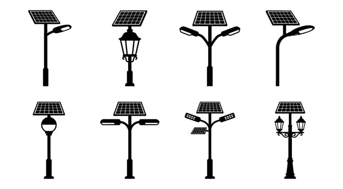 Black illustrations on a white background show a variety of streetlight designs with solar panels on the tops.