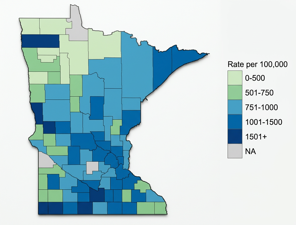 Minnesota county map shaded by rates per 100,000, ranging from 0–500 to 1501+, with some areas marked NA